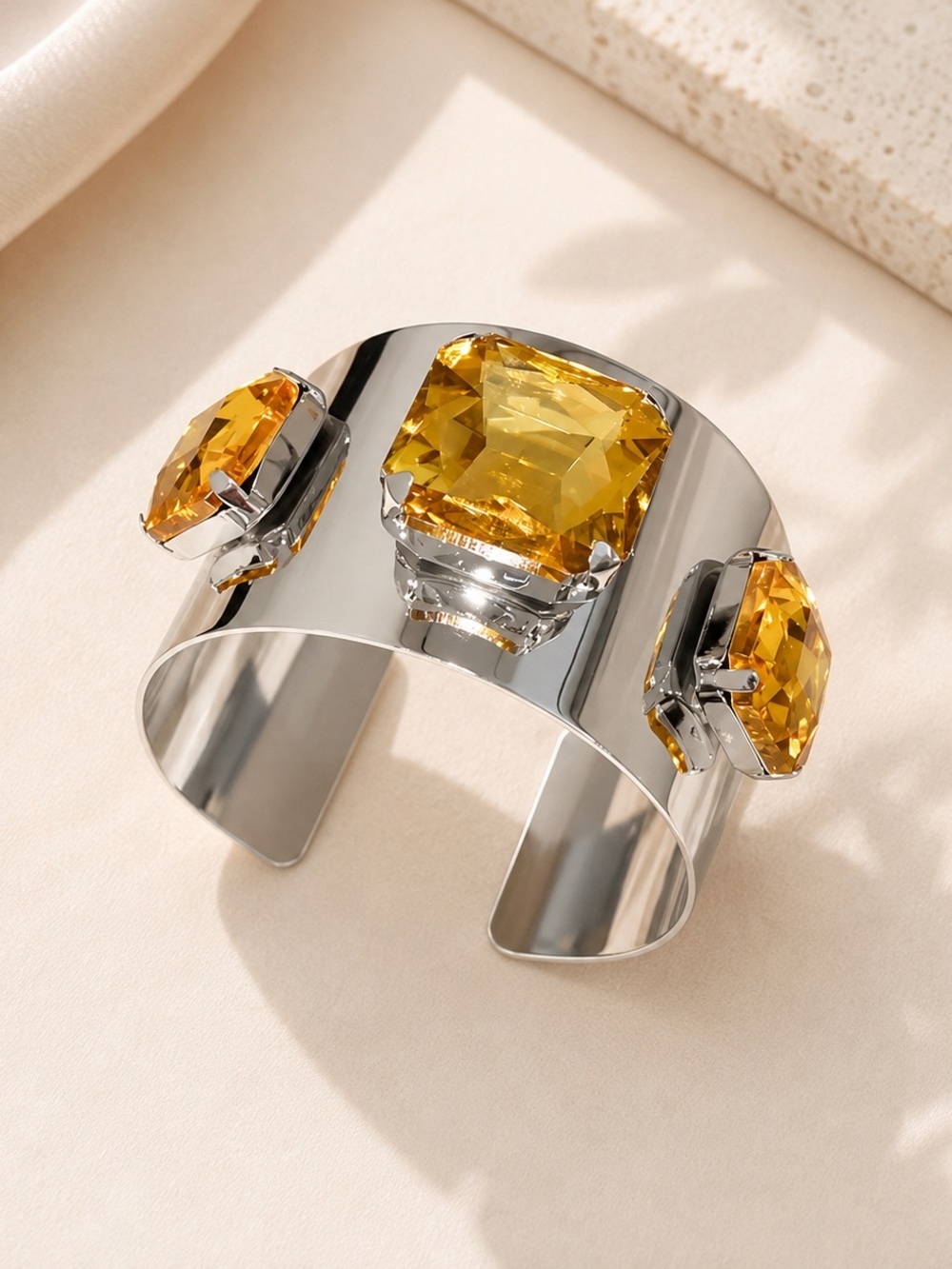 Yellow Crystal Statement Cuff Bracelet | Silver Tone